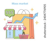 Mass market concept. Quaint shopfront with ascending sales graph, symbolizing growing revenue and a speech bubble indicating increased profit. Reaching a wider audience efficiently