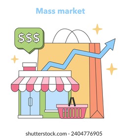 Mass market concept. Quaint shopfront with ascending sales graph, symbolizing growing revenue and a speech bubble indicating increased profit. Reaching a wider audience efficiently