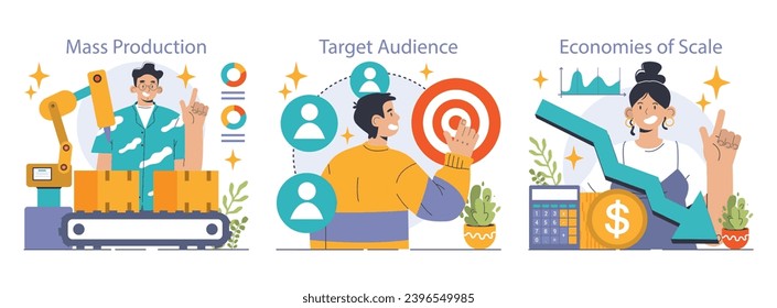 Mass market set. Mass production economics. Targeted audience and market segmentation. Efficiency of production process, distribution, marketing and sales. Flat vector illustration