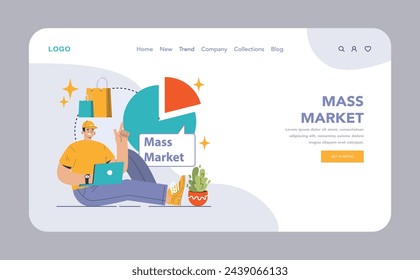 Mass market web or landing. Mass production economics. Targeted audience and market segmentation. Efficiency of production process, distribution, marketing and sales. Flat vector illustration