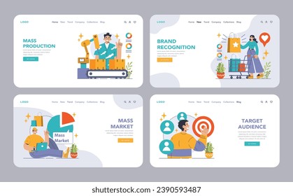 Mass market web or landing set. Mass production economics. Targeted audience and market segmentation. Efficiency of production process, distribution, marketing and sales. Flat vector illustration