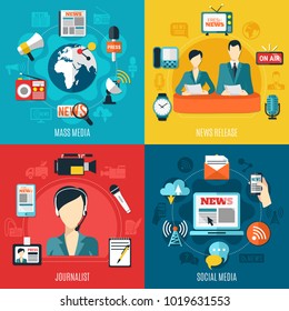 Mass media 2x2 design concept with news release social media journalist square compositions flat vector illustration