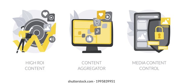 Conjunto de ilustraciones vectoriales de concepto abstracto de medios masivos. Alto contenido de retorno de la inversión, software agregador de noticias, control y monitoreo de contenido de medios, estrategia digital, metáfora abstracta de marketing en medios sociales.