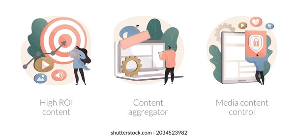 Mass media abstract concept vector illustration set. High ROI content, news aggregator software, media content control and monitoring, digital strategy, social media marketing abstract metaphor.