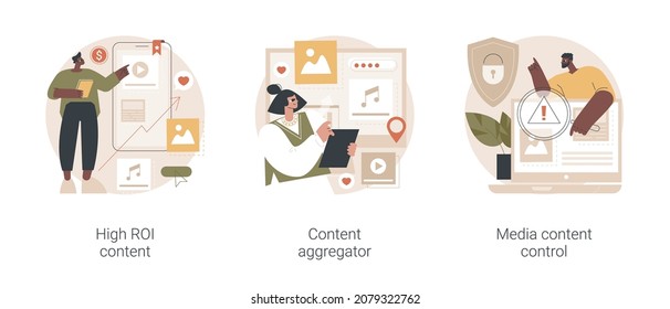 Mass media abstract concept vector illustration set. High ROI content, news aggregator software, media content control and monitoring, digital strategy, social media marketing abstract metaphor.