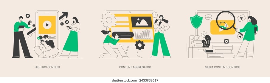 Conjunto de ilustración vectorial de concepto abstracto de medios masivos. Alto rendimiento de la inversión en contenido, software de agregación de noticias, control y monitorización de contenido multimedia, estrategia digital, metáfora abstracta de marketing en redes sociales.