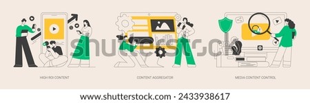 Mass media abstract concept vector illustration set. High ROI content, news aggregator software, media content control and monitoring, digital strategy, social media marketing abstract metaphor.