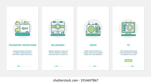 Ilustración vectorial de la tecnología de publicidad de medios masivos. UX, interfaz de usuario conectado a la página de aplicaciones móviles conjunto de pantalla con publicidad de radio en línea en la promoción de carteles de transporte para anunciar productos y servicios