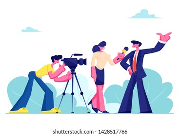 Mass Media Announcement of Live News, Tv Broadcasting with Cameraman and Reporter. Female Journalist Taking Interview with Man in Formal Suit, Politics or Businessman Cartoon Flat Vector Illustration