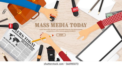 Mass media background in a flat style.Press conference with correspondent and reporter.Broadcasting.Multimedia news,newspaper.Tv show. Internet radio, television. Microphone.