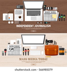 Mass media background in a flat style.Press conference with correspondent and reporter.Broadcasting.Multimedia news,newspaper.Tv show. Internet radio, television. Microphone.