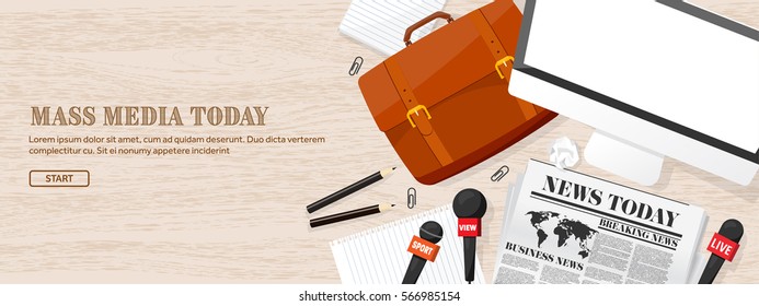 Mass media background in a flat style.Press conference with correspondent and reporter.Broadcasting.Multimedia news,newspaper.Tv show. Internet radio, television. Microphone.