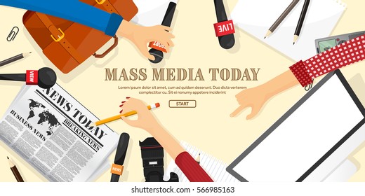 Mass media background in a flat style.Press conference with correspondent and reporter.Broadcasting.Multimedia news,newspaper.Tv show. Internet radio, television. Microphone.