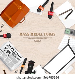 Mass media background in a flat style.Press conference with correspondent and reporter.Broadcasting.Multimedia news,newspaper.Tv show. Internet radio, television. Microphone.