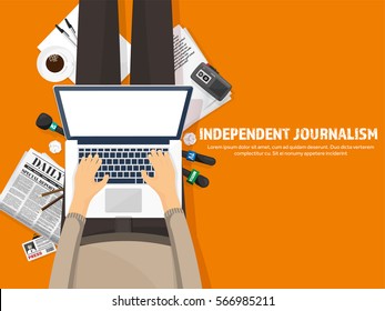 Mass media background in a flat style.Press conference with correspondent and reporter.Broadcasting.Multimedia news,newspaper.Tv show. Internet radio, television. Microphone.