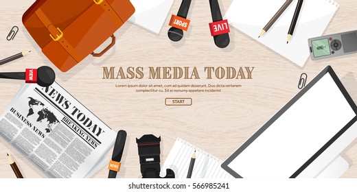 Mass media background in a flat style.Press conference with correspondent and reporter.Broadcasting.Multimedia news,newspaper.Tv show. Internet radio, television. Microphone.