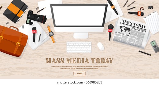 Mass media background in a flat style.Press conference with correspondent and reporter.Broadcasting.Multimedia news,newspaper.Tv show. Internet radio, television. Microphone.