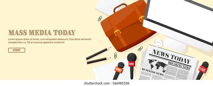 Mass media background in a flat style.Press conference with correspondent and reporter.Broadcasting.Multimedia news,newspaper.Tv show. Internet radio, television. Microphone.