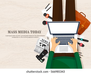 Mass media background in a flat style.Press conference with correspondent and reporter.Broadcasting.Multimedia news,newspaper.Tv show. Internet radio, television. Microphone.