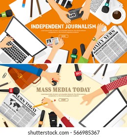 Mass media background in a flat style.Press conference with correspondent and reporter.Broadcasting.Multimedia news,newspaper.Tv show. Internet radio, television. Microphone.