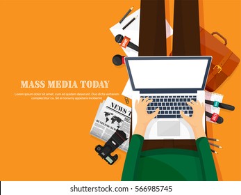 Mass media background in a flat style.Press conference with correspondent and reporter.Broadcasting.Multimedia news,newspaper.Tv show. Internet radio, television. Microphone.