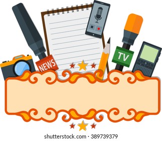 Mass media banner with journalism icons. Eps 10