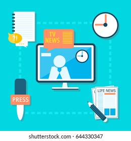 Mass media broadcasting infographics with public sources of information in flat style on blue background vector illustration