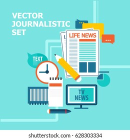 Mass media broadcasting news set with reporter elements in flat style on blue background vector illustration