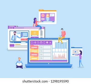 Mass media broadcasting videos vector. Laptops with infographics and charts, host of show. Business digital marketing and promotion of product concept