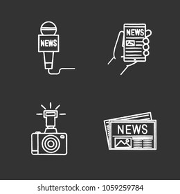 Mass media chalk icons set. Press. Microphone, online news, photo camera, newspaper. Isolated vector chalkboard illustrations