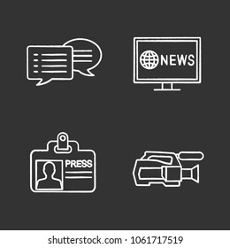 Mass media chalk icons set. Press. Chatting, video camera, press ID card, TV news. Isolated vector chalkboard illustrations