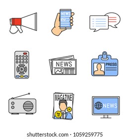 Mass media color icons set. Megaphone, online news, chat, TV controller, newspaper, press ID card, radio, magazine, TV news. Isolated vector illustrations