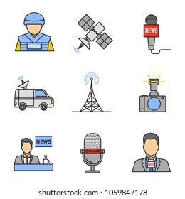 Mass media color icons set. Press. War correspondent, satellite, microphones, news van, radio tower, photo camera, TV presenter. Isolated vector illustrations