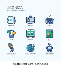 Mass Media - colored modern single line icons set. Notepad, pen, id badge, radio, mobile chat, monitor, blog, hand holding microphone, globe, social network, van, satellite dish.