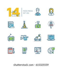 Mass media - colored vector modern single line icons set. Man, woman, newspaper, camera, microphone, radio, camcorder, laptop, notepad, pen, recorder, monitor, globe, car.