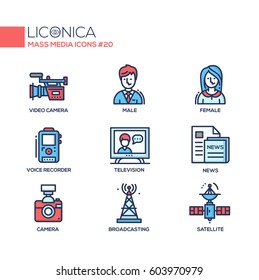 Mass Media - coloured vector modern single line icons set. Male, female reporter, voice, recorder, camcorder, camera, tv tower, newspaper, satellite, television.