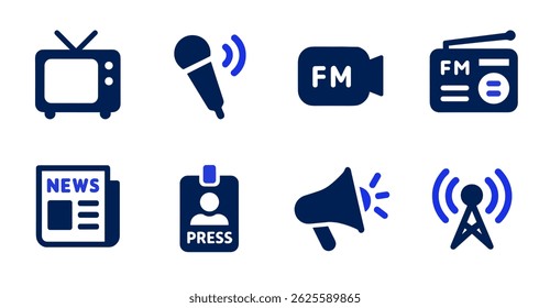 Ícones de comunicação de mídia de massa Televisão, Rádio, Microfone, Imprensa, Notícias e Símbolos de Difusão