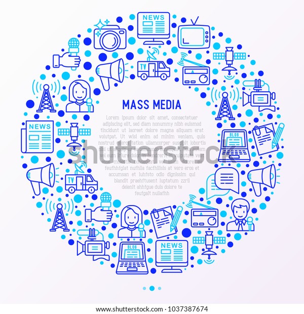円形のマスメディア コンセプトと細い線のアイコン ジャーナリスト 新聞 記事 ブログ レポート ラジオ インターネット インタビュー ビデオ 写真 バナー 印刷メディア ウェブページ用の最新のベクターイラスト のベクター画像素材 ロイヤリティフリー