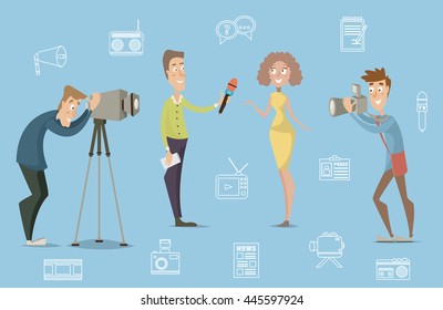 Mass media concept design of live news tv broadcasting with reporter, cameraman, photographer. Cartoon characters. Vector illustration