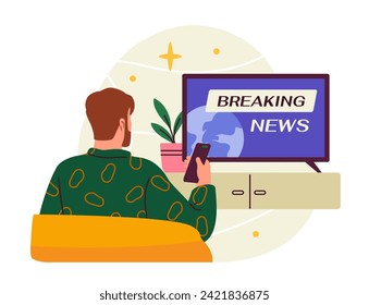 Mass media concept. Man with remote controller watch tv and breaking news. Television and show. Graphic element for website. Cartoon flat vector illustration isolated on white background