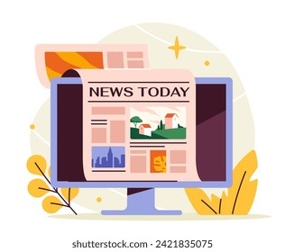 Mass media concept. Newspaper at computer monitor. Website with information. Television and show. Poster or banner. Cartoon flat vector illustration isolated on white background