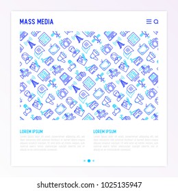 Mass media concept with thin line icons: journalist, newspaper, article, blog, report, radio, internet, interview, video, photo. Modern vector illustration for banner, print media, web page.
