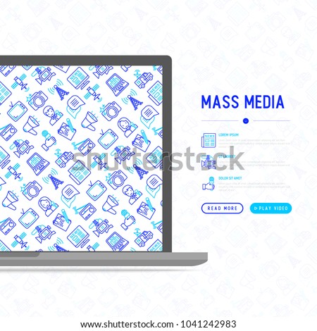 Mass media concept with thin line icons: journalist, newspaper, article, blog, report, radio, internet, interview, video, photo. Modern vector illustration for banner, print media, web page.