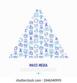 Mass media concept in triangle with thin line icons: journalist, newspaper, article, blog, report, radio, internet, interview, video, photo. Modern vector illustration for print media, web page.