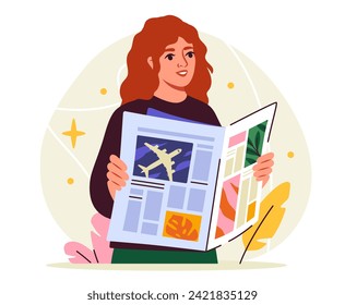 Mass media concept. Woman with newspaper in hands. Information and news. Propaganda and desinformation. Poster or cover. Cartoon flat vector illustration isolated on white background