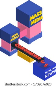 Mass Media and coronavirus concept. Work News Agency. Isometric Flat Robotics Factory Conveyor vector illustration.