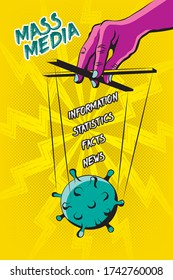 Mass Media Covid-19 Information Manipulations Comic Style Conspiracy Concept with Coronavirus Bacteria Controlled by Hand with Puppet Strings - Black on Yellow Background - Vector Hand Drawn Design