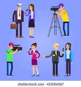 Mass media design concept set with journalists preparing news materials operators working with camera and interviewer vector illustration