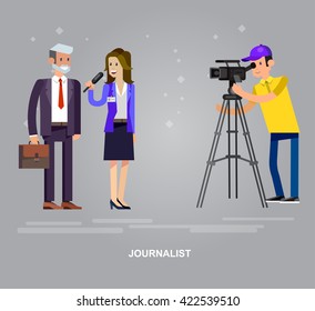 Mass media design concept set with journalists preparing news materials operators working with camera and interviewer vector illustration