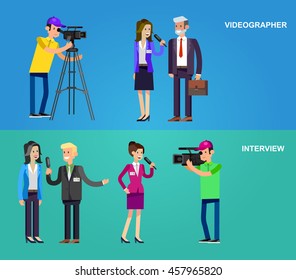 Mass media design concept set with journalists preparing news materials operators working with camera and interviewer, vector illustration